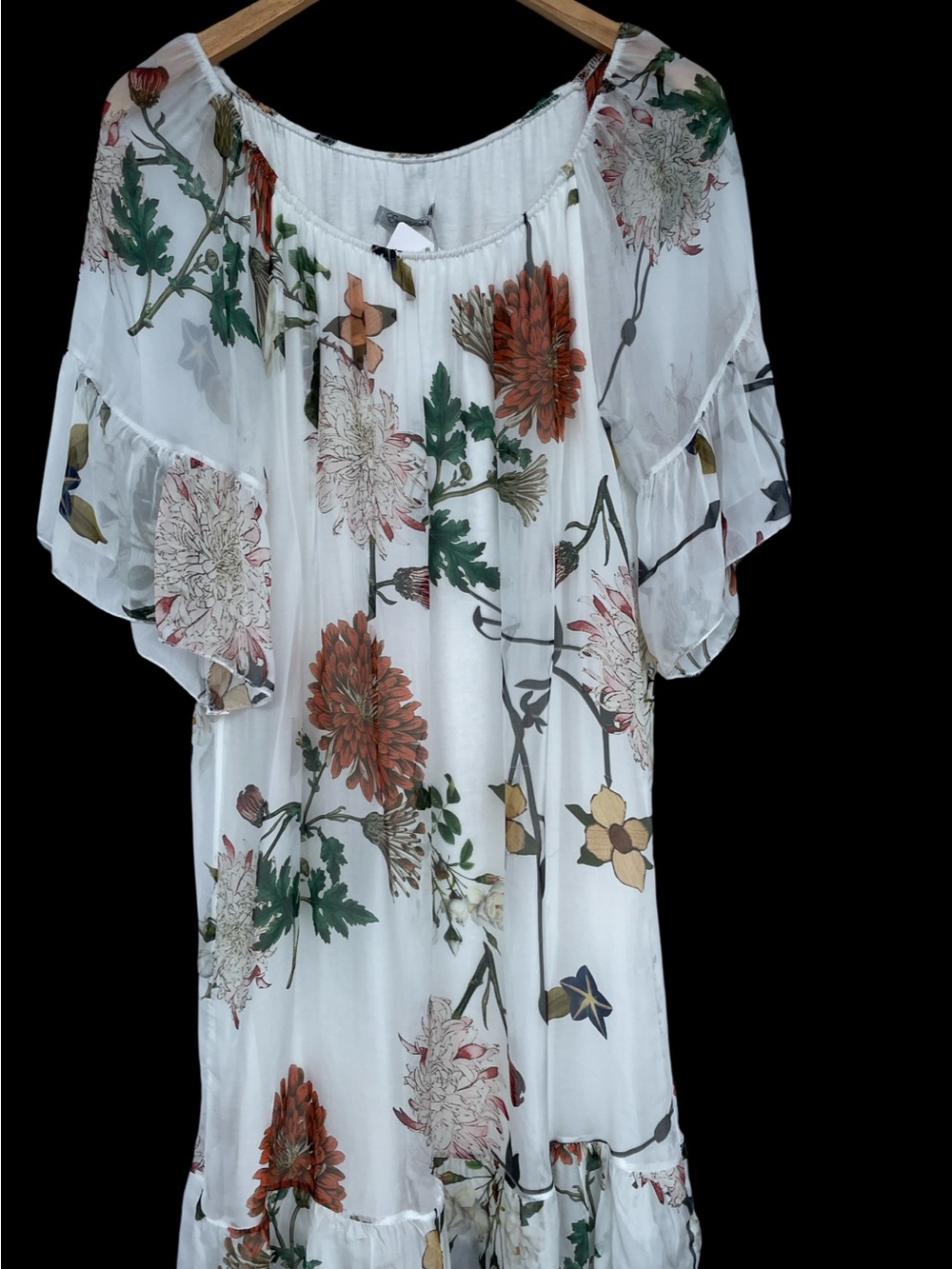 Silk Blend Floral Pleated dress with Rust & Green Accents